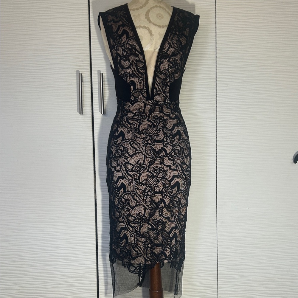 Chic Black Lace Midi Dress, Sz XS
